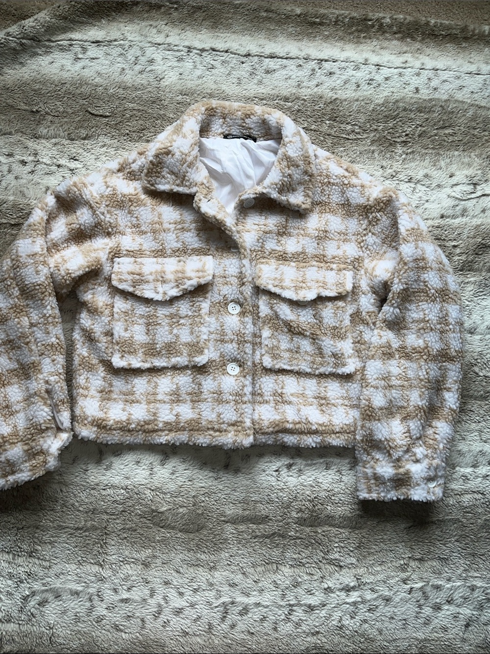 Cropped Cream & Tan Houndstooth Teddy Jacket